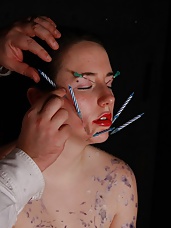 Extreme needle playing on slavegirl face and body